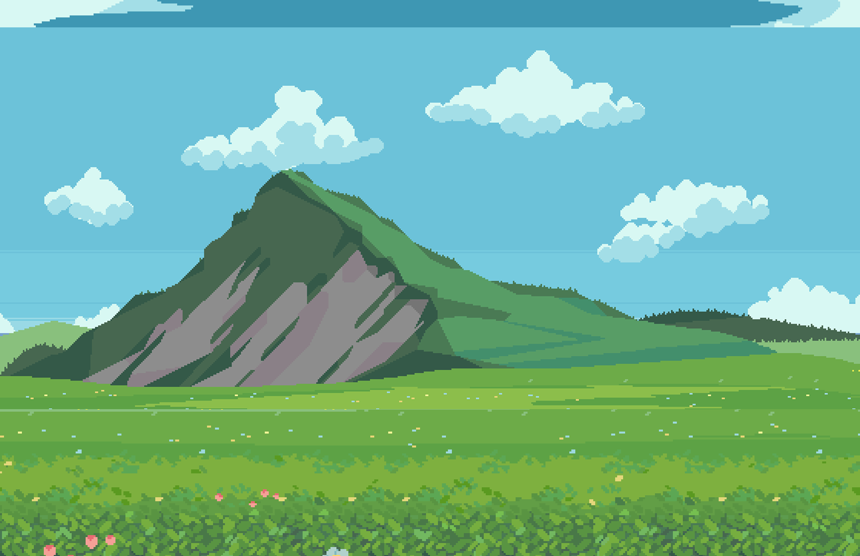 Pixel art mountains, clouds and meadow