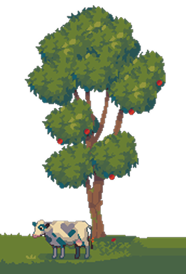 Cow beside an apple tree