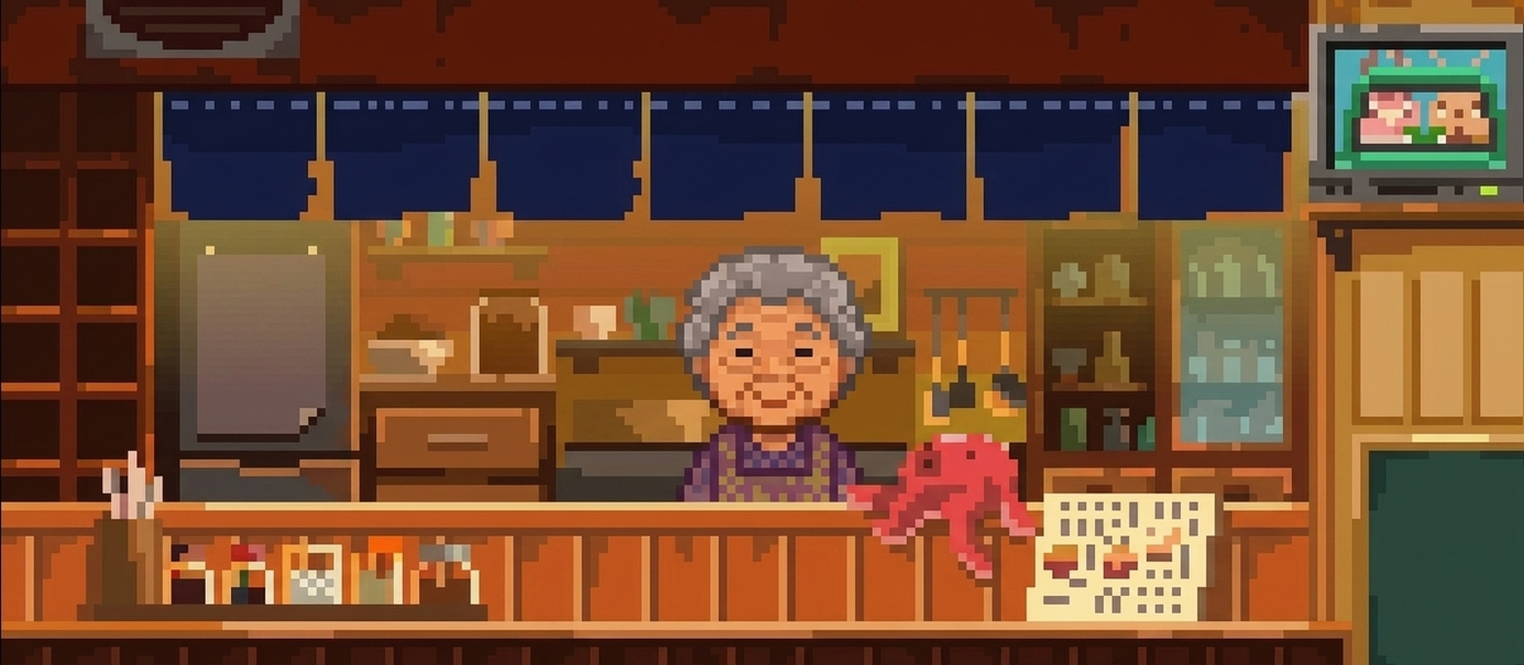 Grandma smiling behind the counter in Juymmi's pixel kitchen
